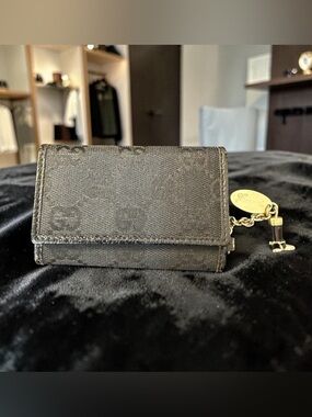 Vintage Gucci GG Monogram Black Canvas Key Case With Boot Charm (A245)